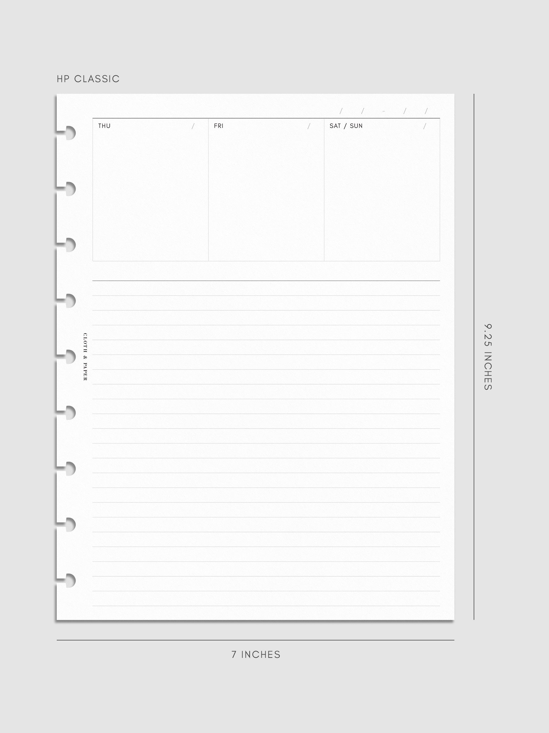Undated Weekly Notes Planner Inserts in size HP Classic