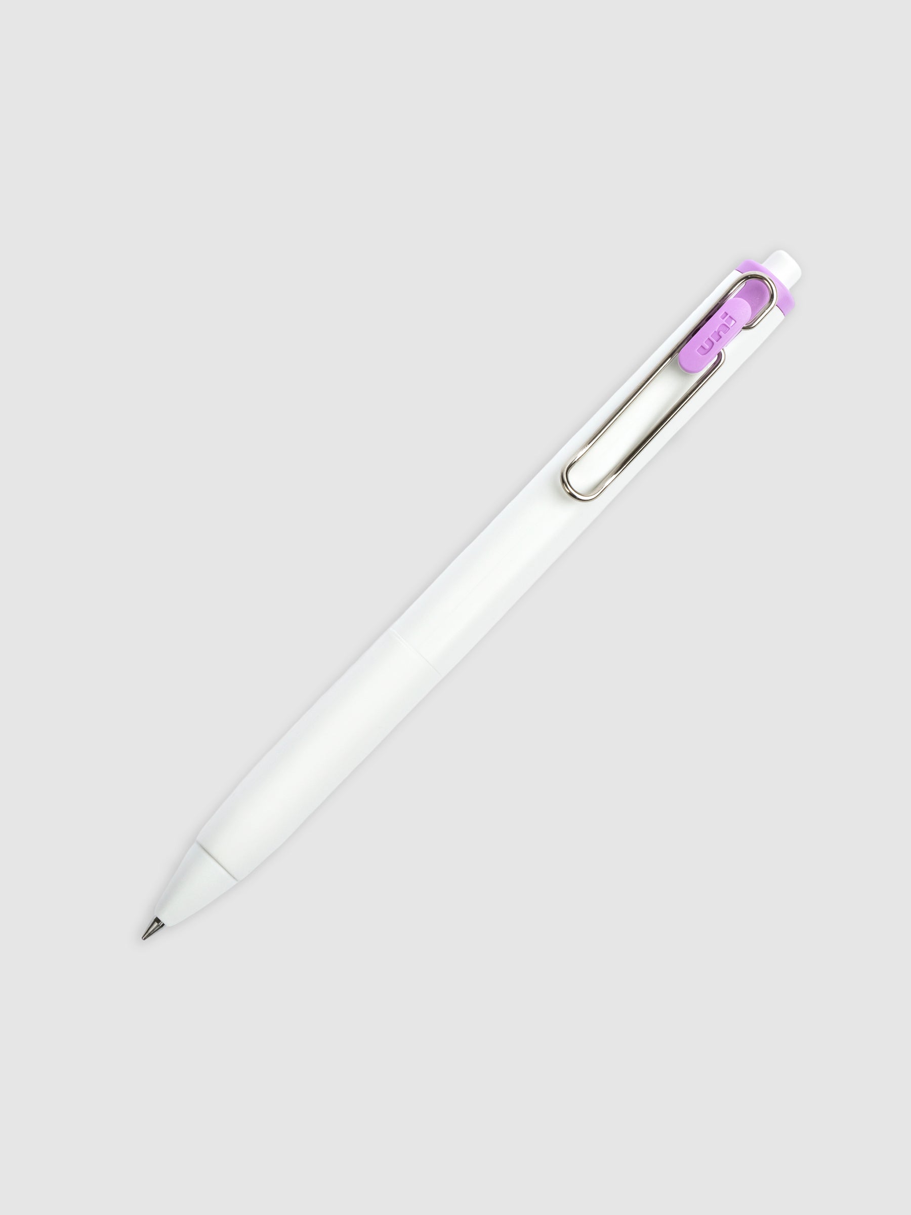 Uni-ball One Gel Pen, Twilight Purple, Cloth and Paper. Pen tilted slightly to the right on a neutral background.