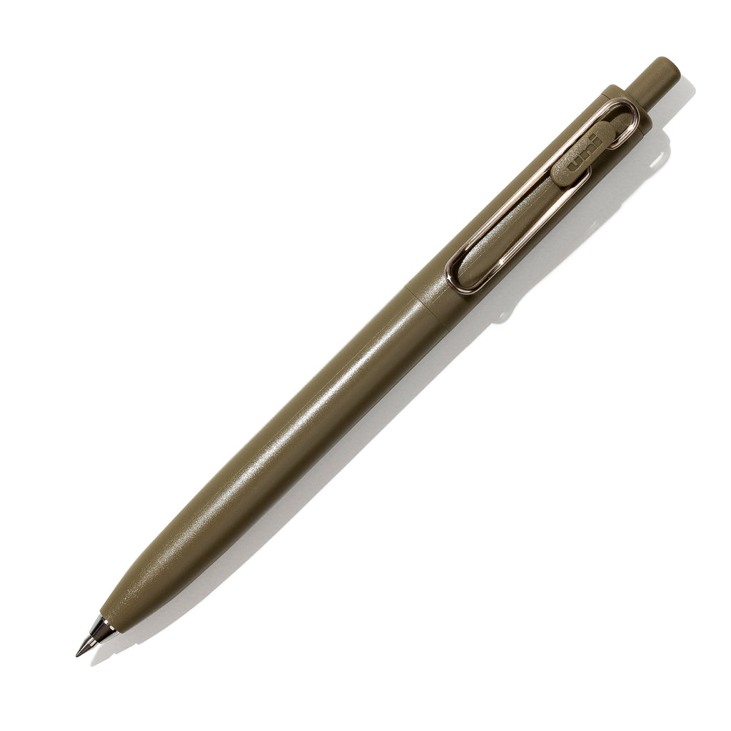 Olive pen turned to the right against a white background.