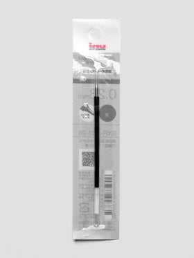 Front view of a pen refill with black ink shown in packaging.