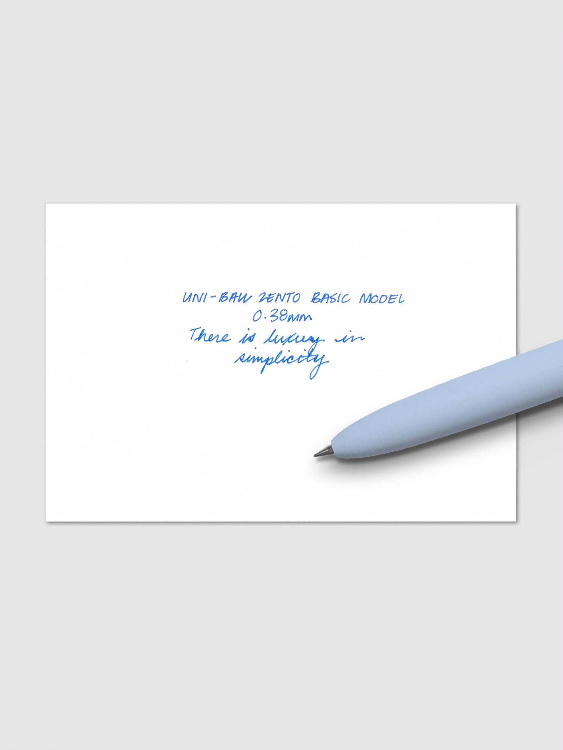 Handwritten writing sample using the Uni-ball Zento Basic Model Pen in Blue with nib size 0.38 mm.