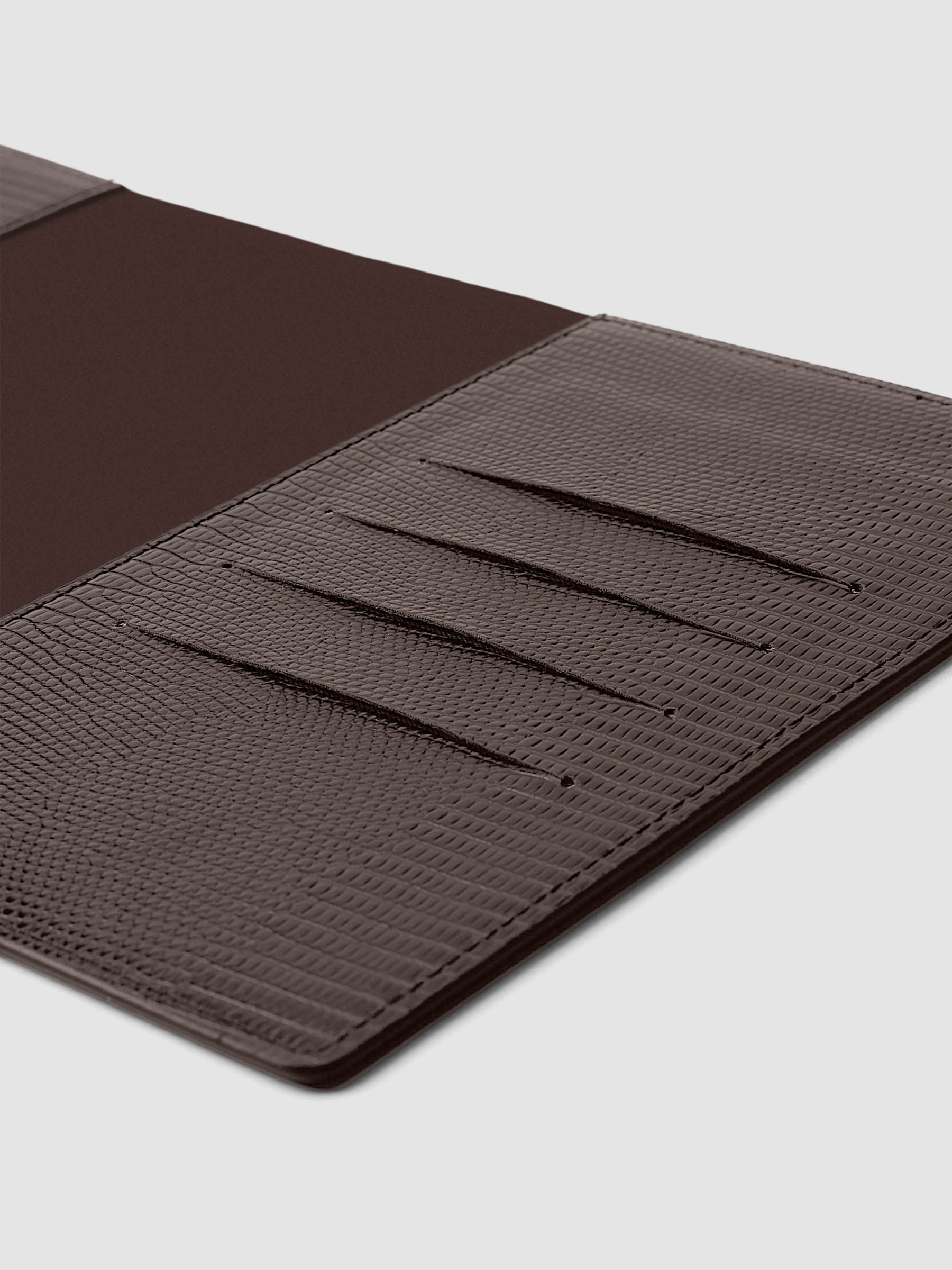 Vegan Folio Planner Cover | Lizard | Small in the color Espresso (brown) displaying the interior credit card pockets.
