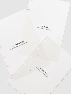 Volume 1 | Lifestyle dashboards arranged on a neutral background. From top to bottom, they read - "upcoming" "in progress" and "archive."