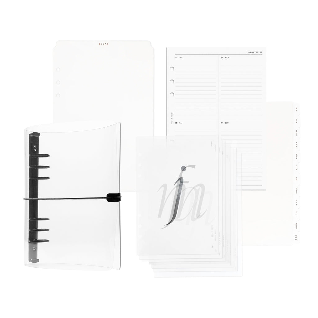 2024 Dated Planner Bundle | Horizontal Weekly, Cloth and Paper. Bundle displayed on a white background - a clear vinyl planner, today tab, 2024 Dated Vertical Weekly Monday Start Inserts, Monthly Cover Planner Dashboard Set, and Monthly Divider Tabs. Size shown is A5.