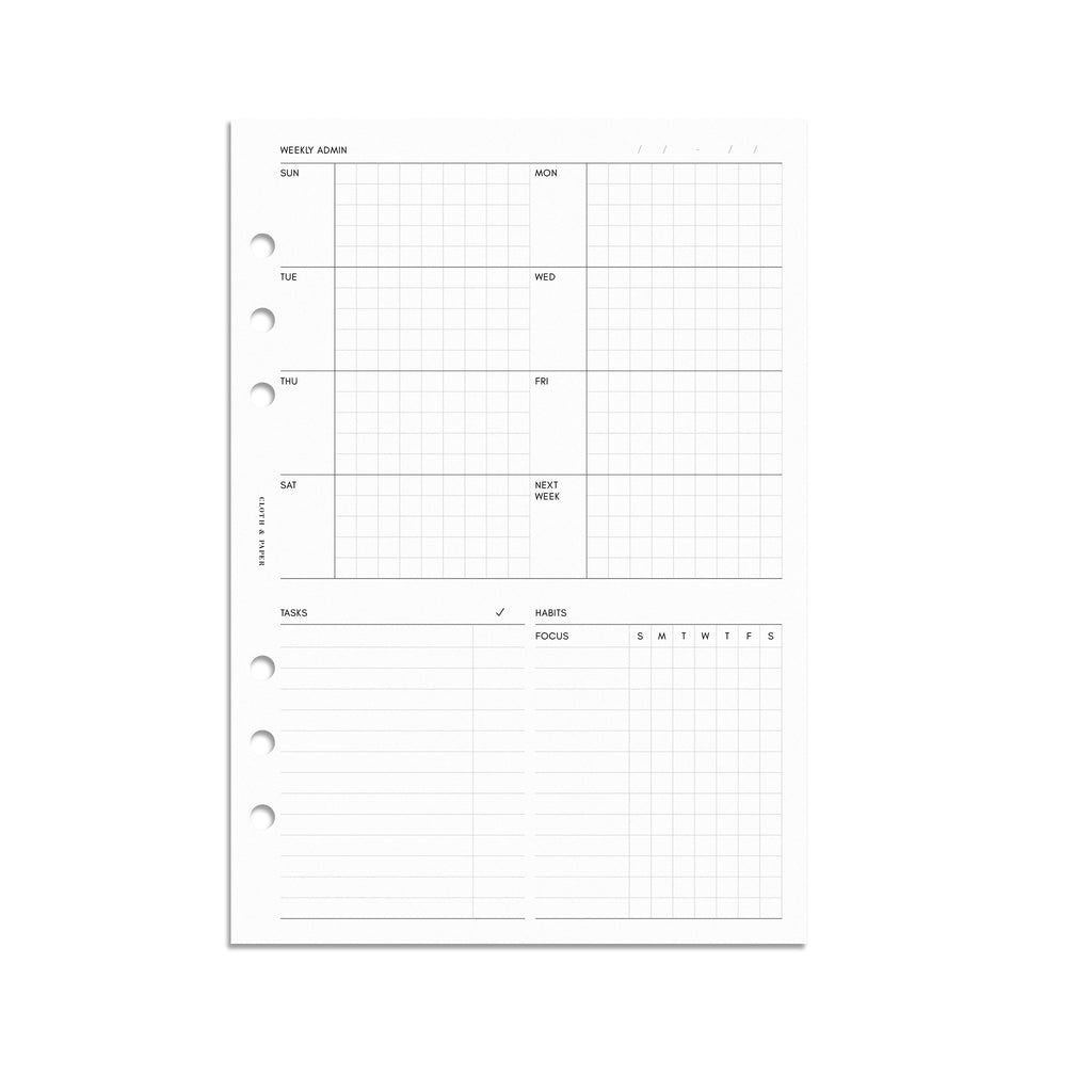 Weekly Admin Planner Inserts, Sunday Start, A5, Cloth and Paper. Digital mockup of insert in A5.