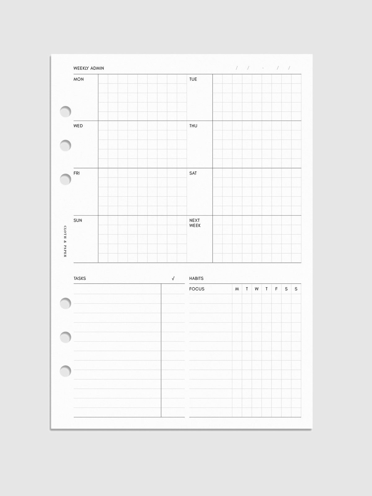 Weekly Admin Planner Inserts | Monday Start | Cloth & Paper