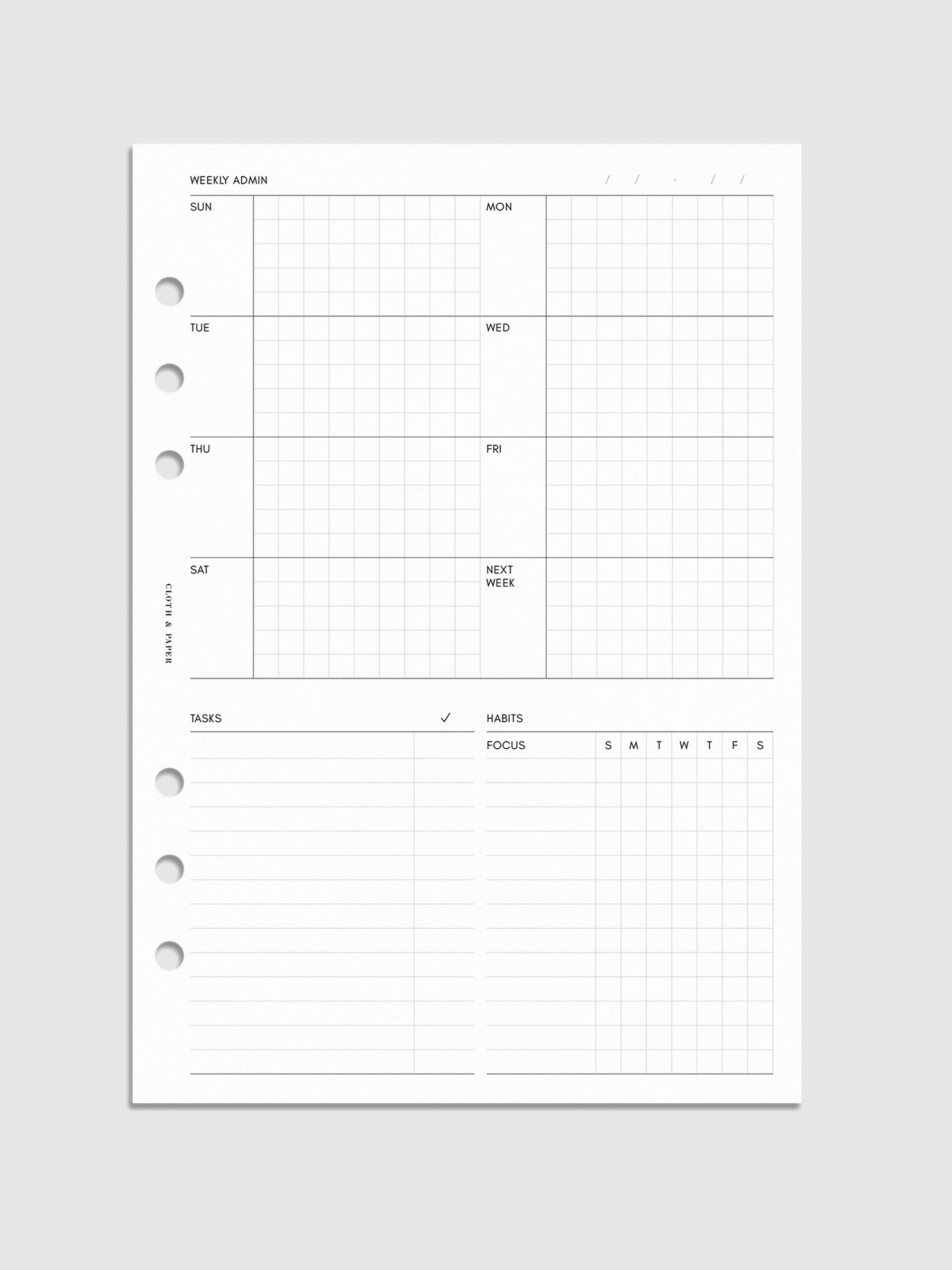 Weekly Admin Planner Inserts, Sunday Start, A5, Cloth and Paper. Digital mockup of insert in A5.