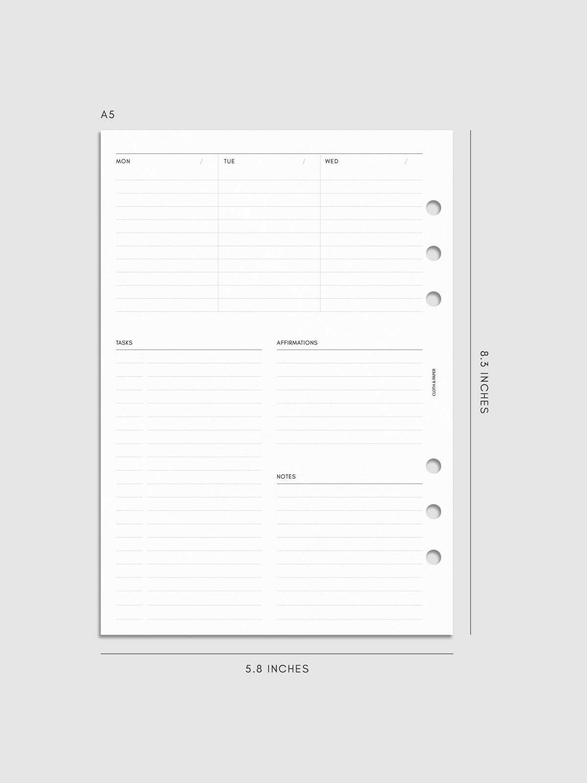 Weekly Essentials Planner Inserts, A5 6-Ring Punch, left page of weekly spread showing columns for Monday, Tuesday and Wednesday, with Tasks, Affirmations and Notes sections below