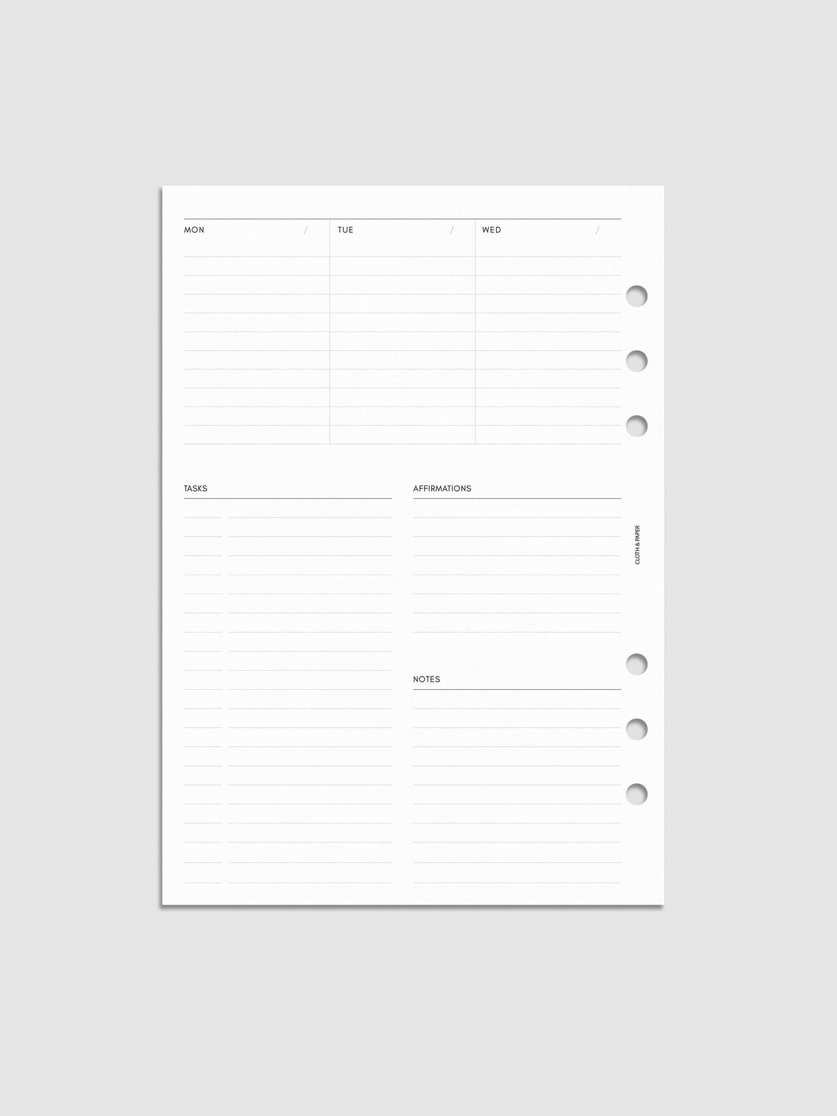 Weekly Essentials Planner Inserts, A5 6-Ring Punch, left page of weekly spread showing columns for Monday, Tuesday and Wednesday, with Tasks, Affirmations and Notes sections below