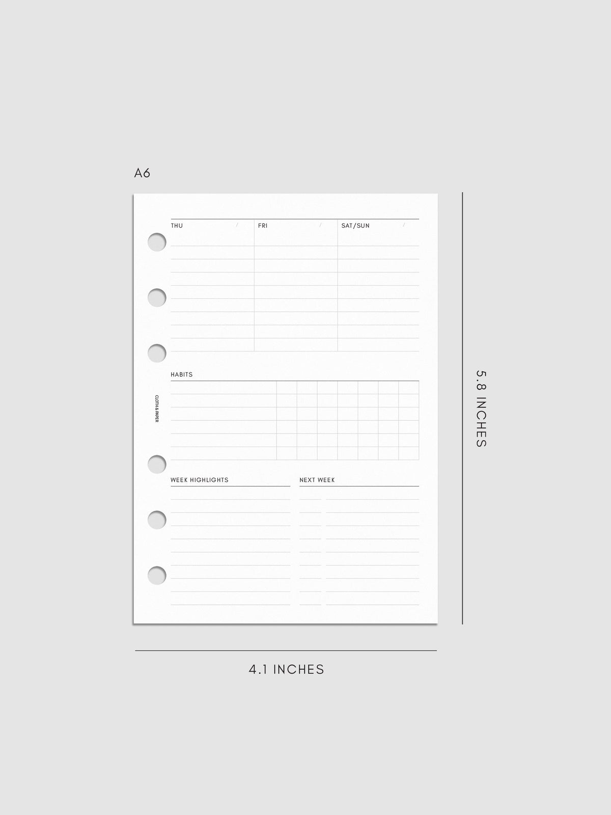 Weekly Essentials Planner Inserts, A6 6-Ring Punch, right page of weekly spread showing columns for Thursday, Friday and a combined Saturday and Sunday, with a Habits tracker grid and Week Highlights and Next Week sections below