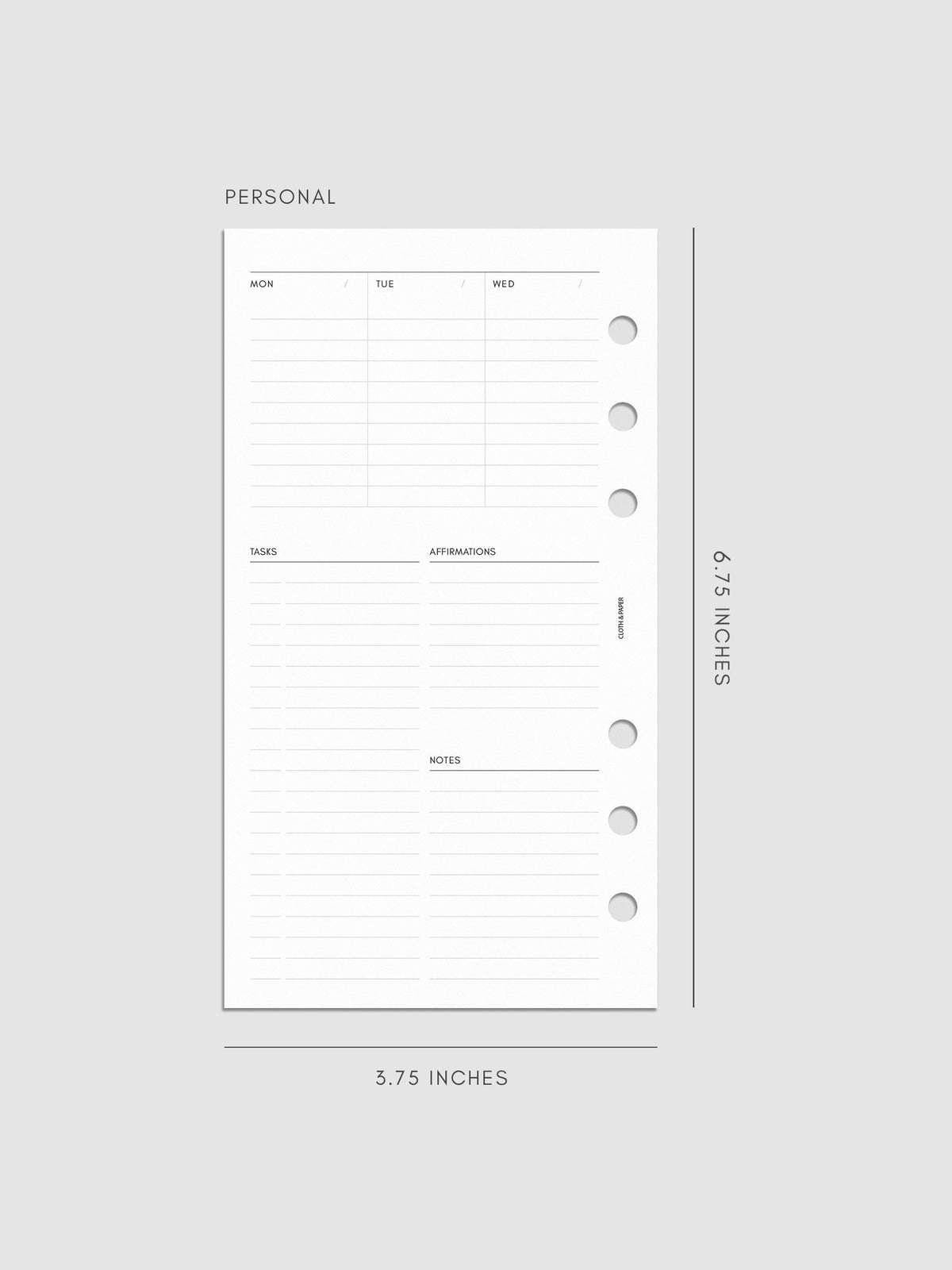 Weekly Essentials Planner Inserts, Personal 6-Ring Punch, left page of weekly spread showing columns for Monday, Tuesday and Wednesday, with Tasks, Affirmations and Notes sections below
