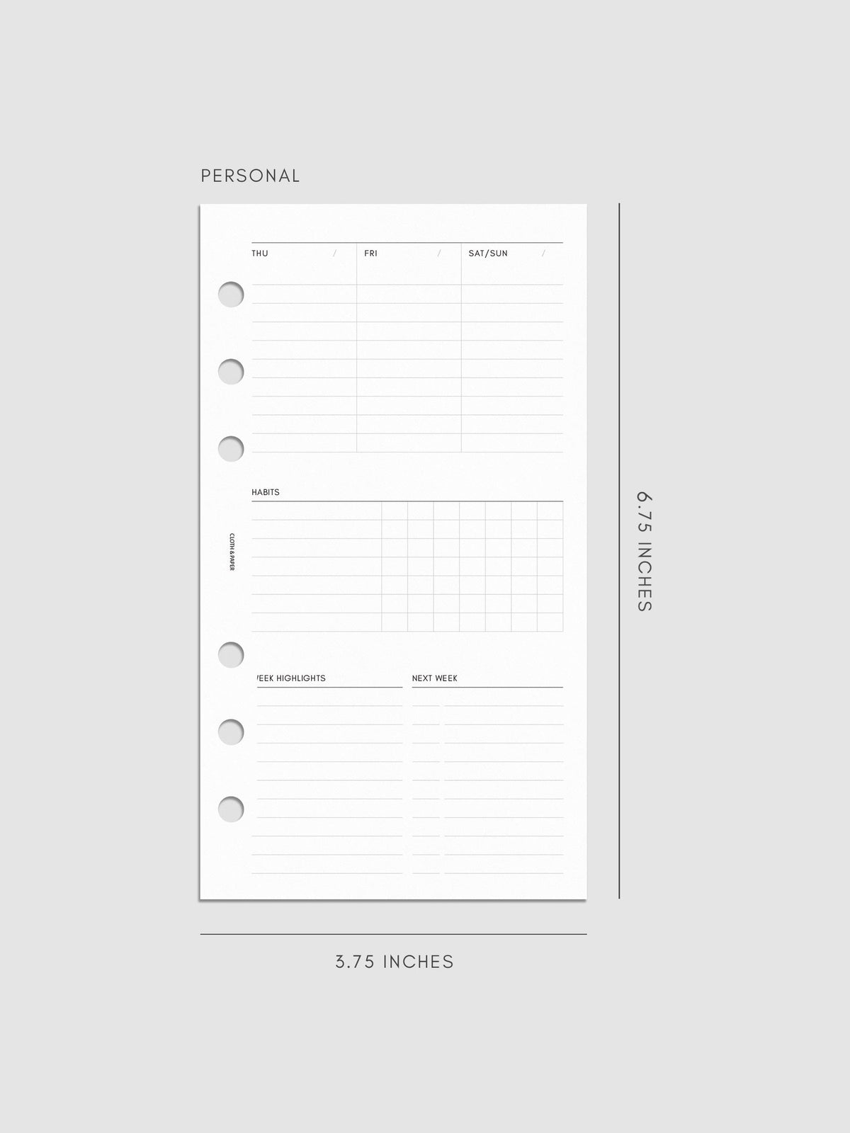 Weekly Essentials Planner Inserts, Personal 6-Ring Punch, right page of weekly spread showing columns for Thursday, Friday and a combined Saturday and Sunday, with a Habits tracker grid and Week Highlights and Next Week sections below