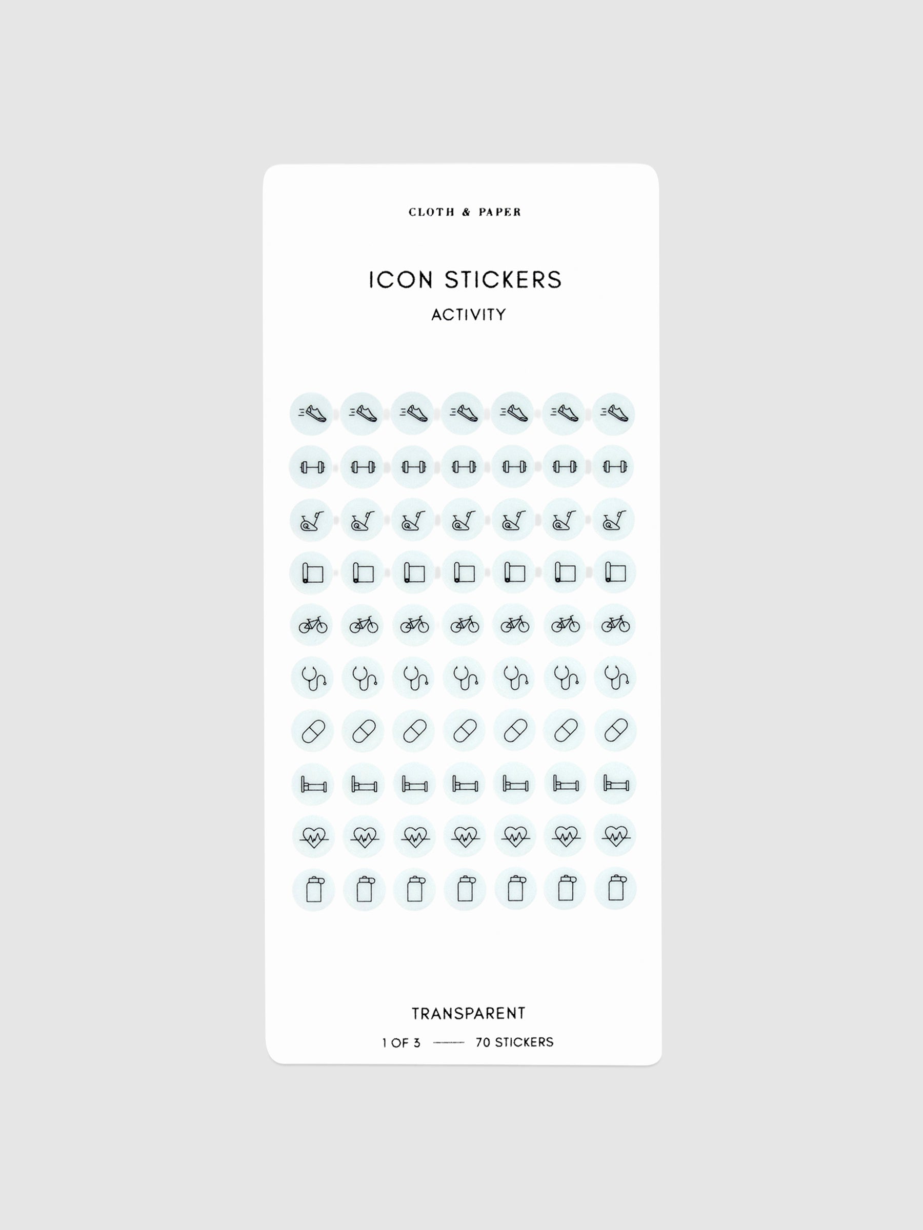 Icon sticker sheet from Wellness Stickers in Icons, Text and Drops against a neutral background.