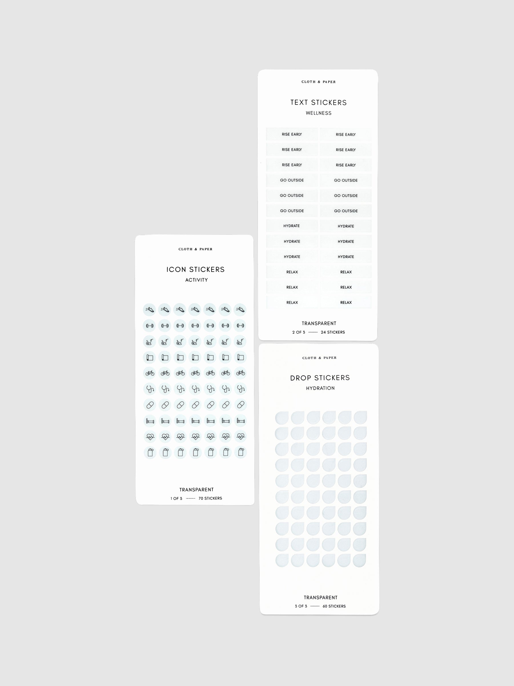 3 Drops sticker sheets displayed on a white background.