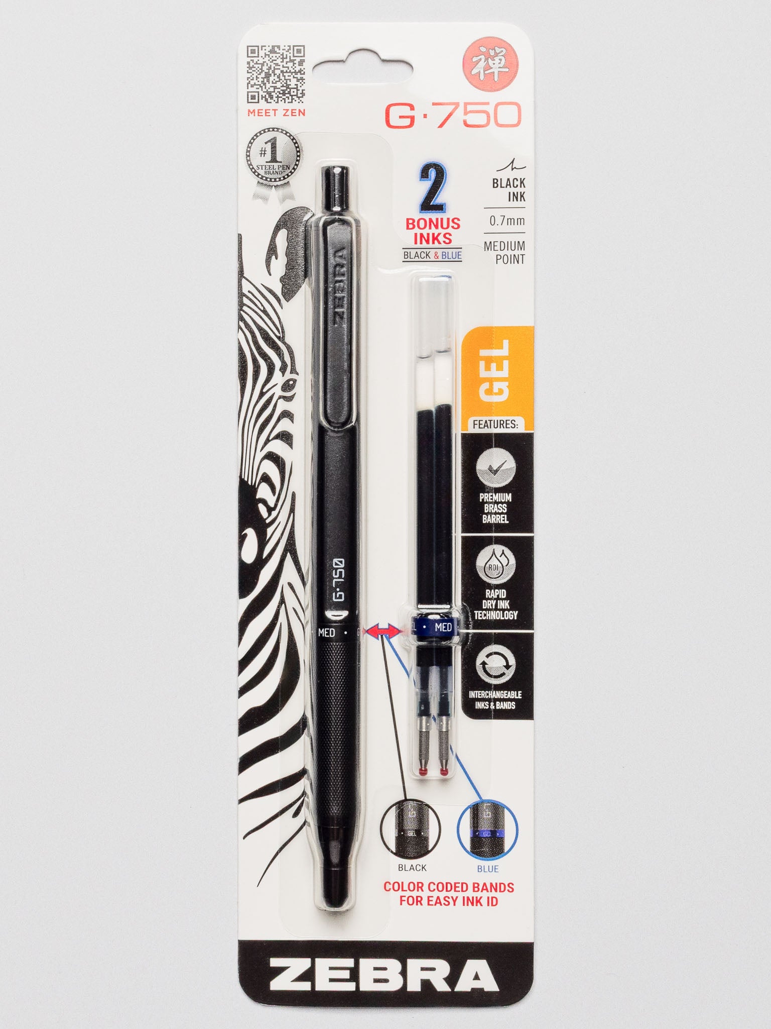 Zebra G-750 Retractable Gel Pen in black barrel, packaged with two bonus gel ink refills in black and blue, displayed in branded retail packaging.