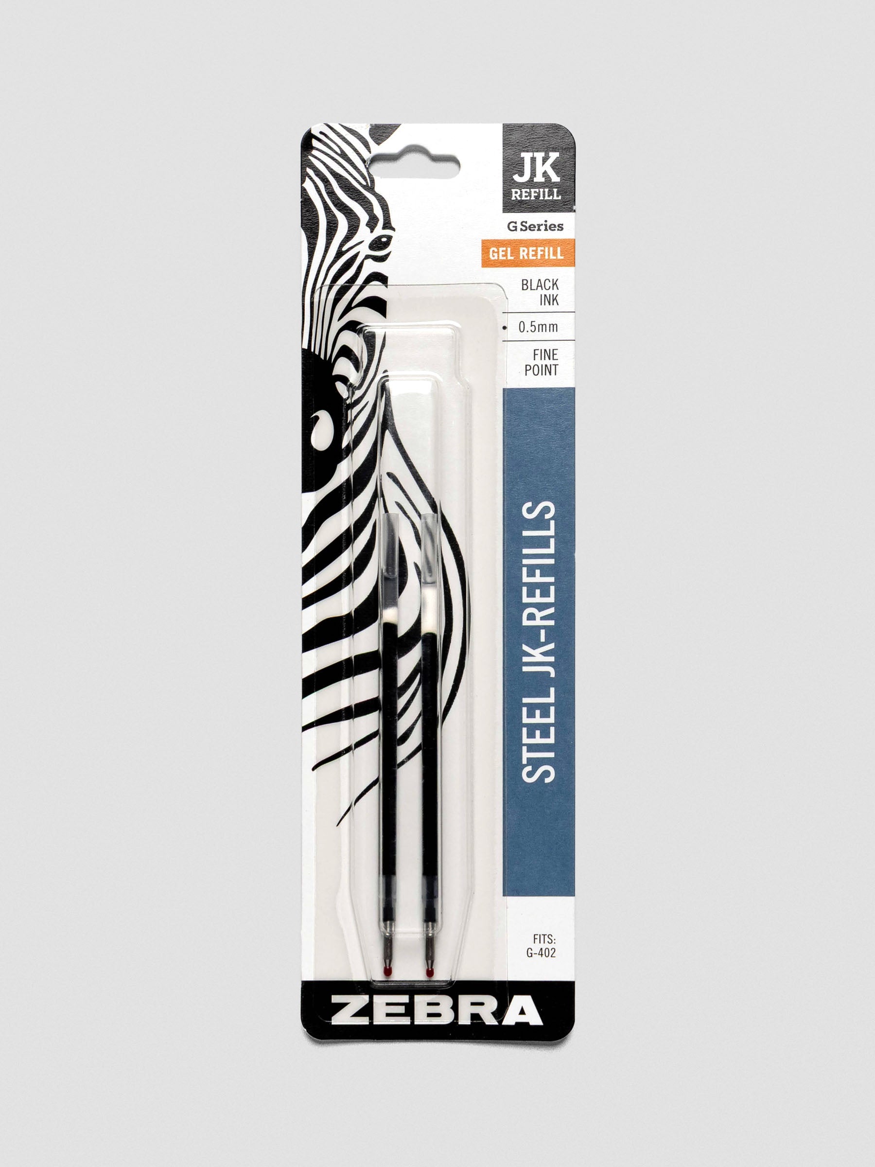 Packaged set of two Zebra JK black gel pen refills, 0.5mm fine point, in clear plastic casing with zebra graphic on the cardboard backing.