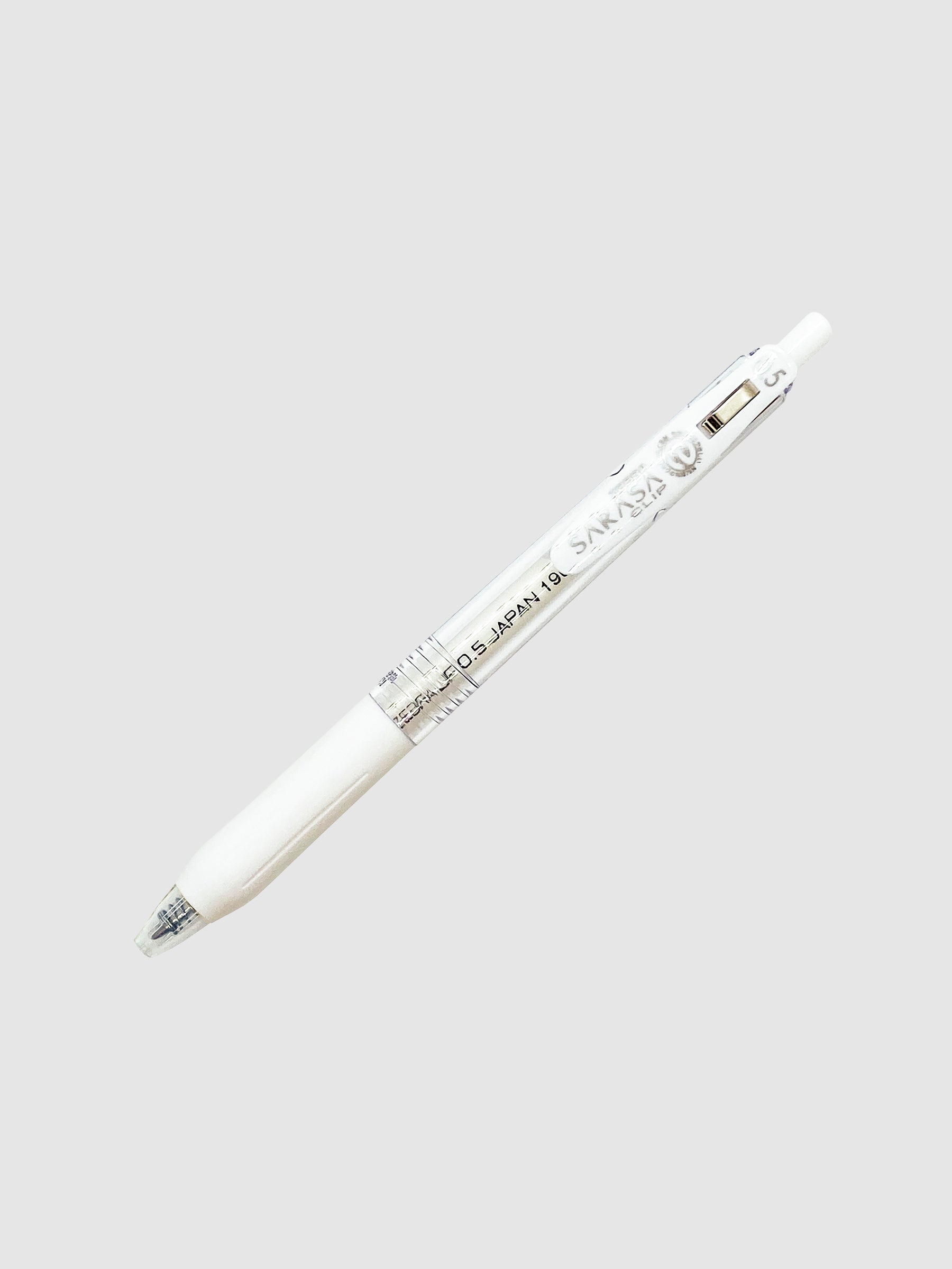 Zebra Sarasa Clip, 0.5 mm, Milk White, Cloth and Paper. Pen turned to the right against a neutral background.