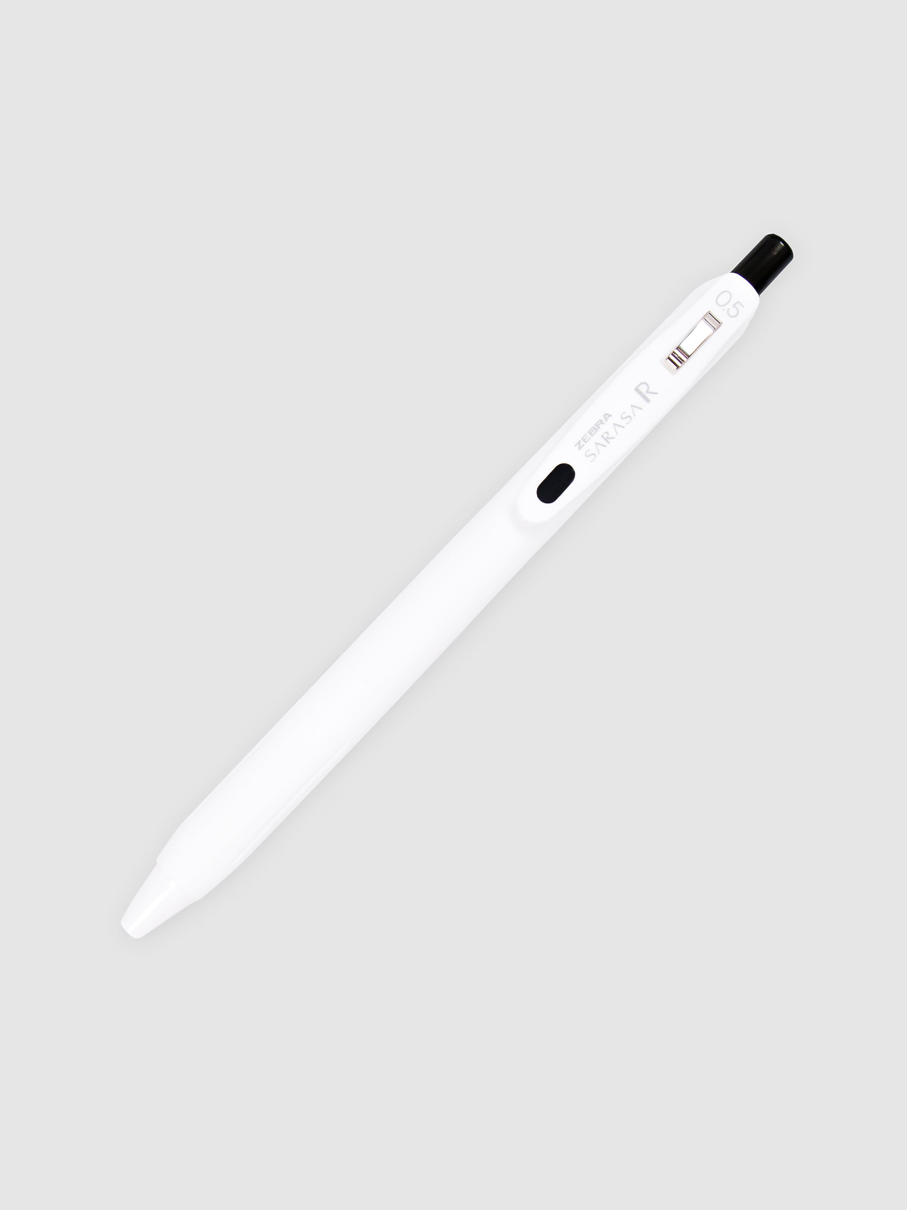 Zebra Sarasa R Pen, 0.5 mm, Black, Cloth and Paper. Pen turned to the right against a neutral background.