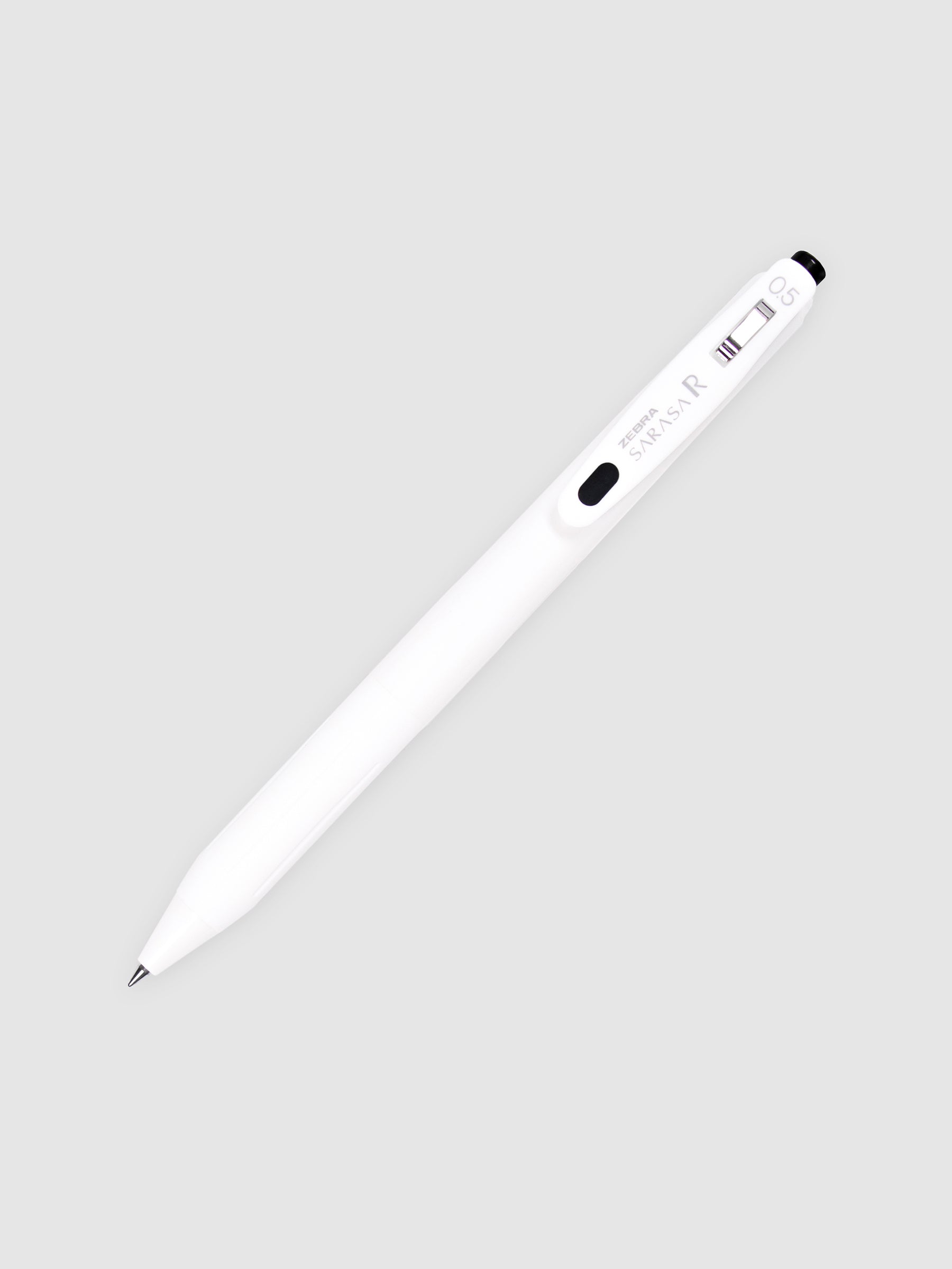 Zebra Sarasa R Pen, 0.5 mm, Black, Cloth and Paper. Pen with nib exposed turned to the right against a neutral background.