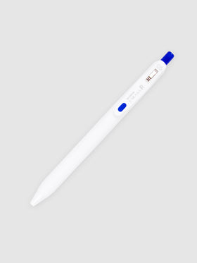 Zebra Sarasa R Pen, 0.5 mm, Blue, Cloth and Paper. Pen with nib exposed turned to the right against a neutral background.
