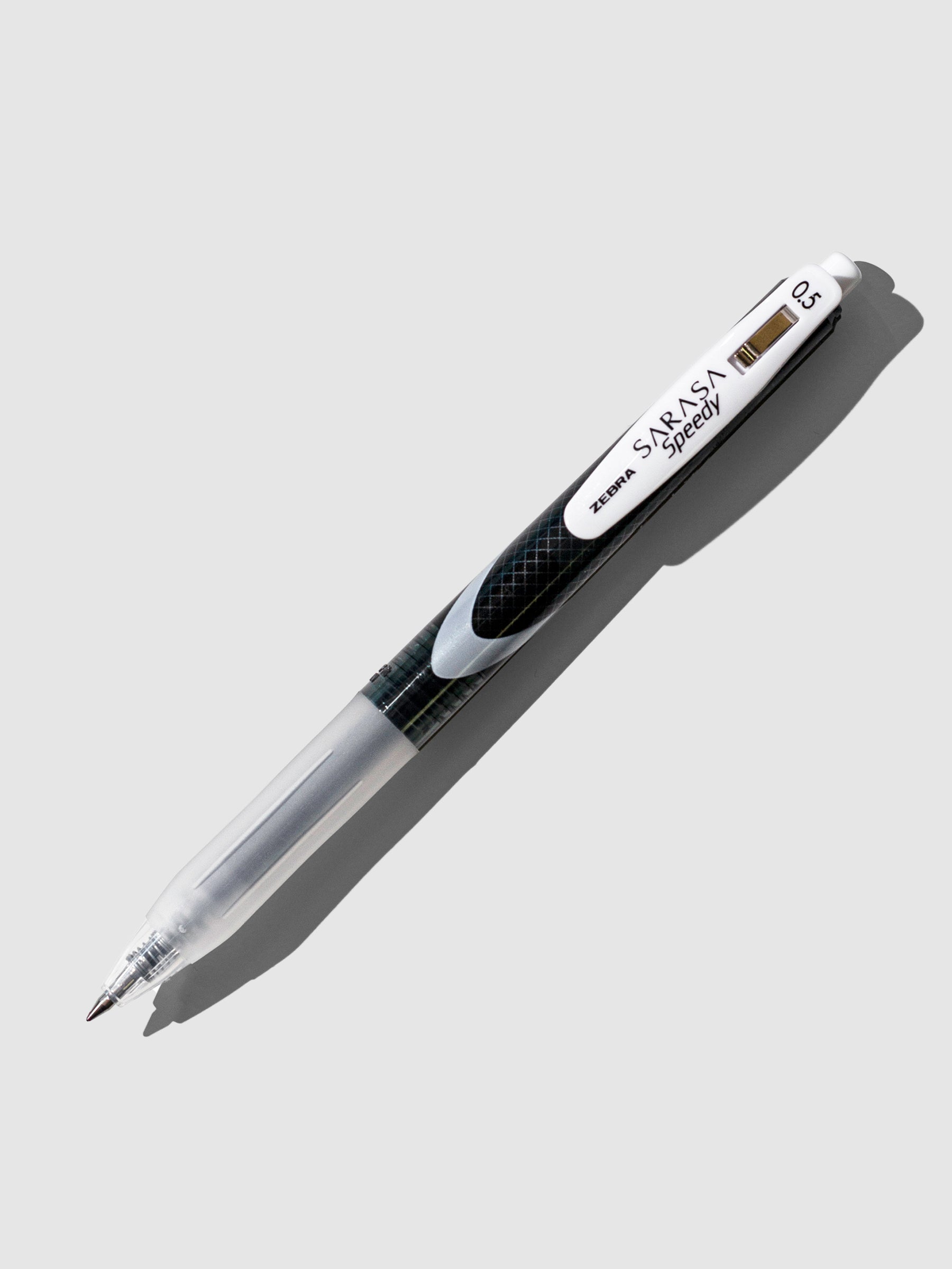 Zebra Sarasa Speedy Gel Pen, Black, Cloth and Paper. Pen displayed on a neutral background.