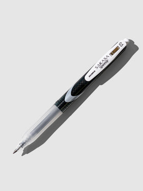 Zebra Sarasa Speedy Gel Pen, Black, Cloth and Paper. Pen displayed on a neutral background.