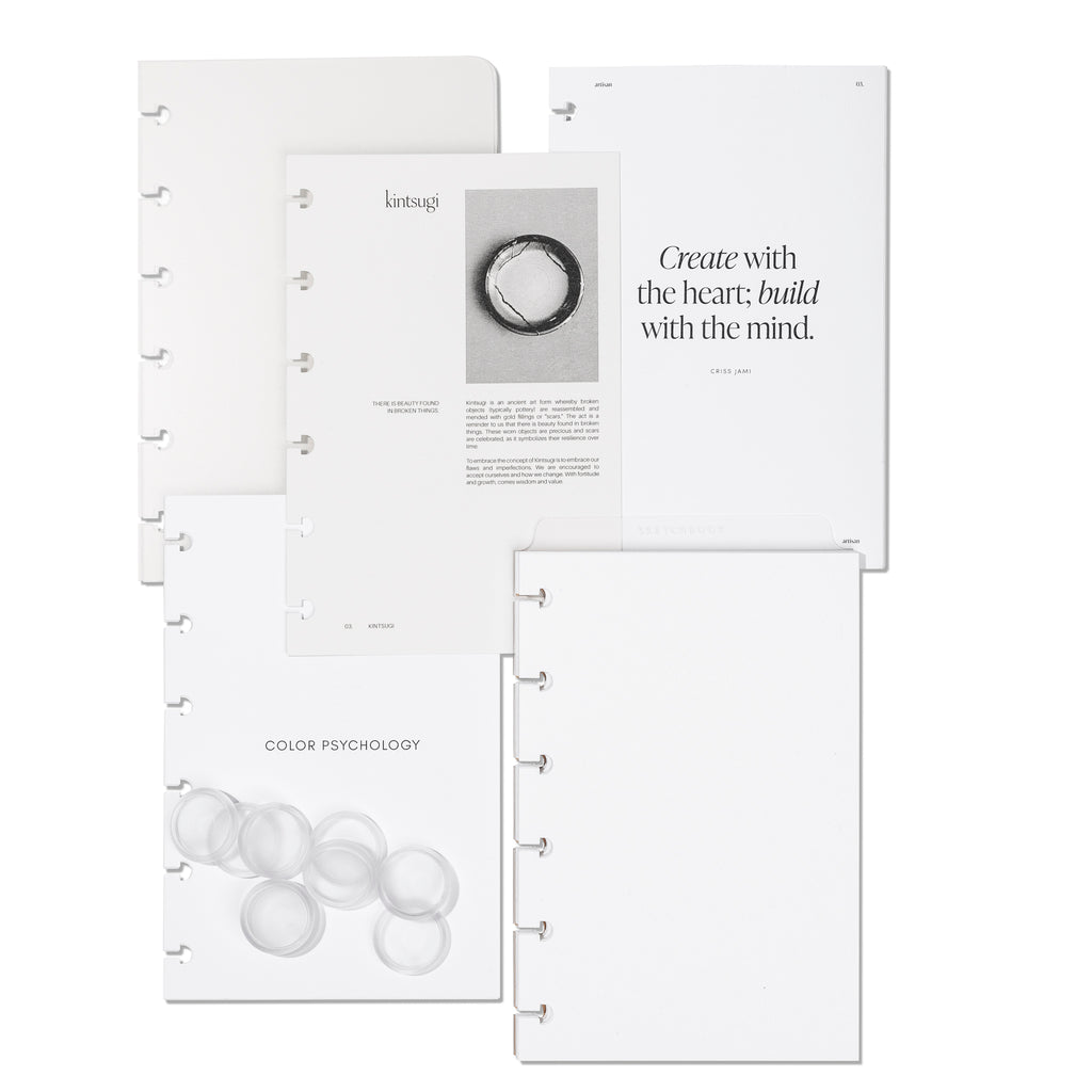 Artistic Planner Bundle, Cloth and Paper. Contents of bundle displayed on a white background - planner covers, discs, inserts, and a dashboard.