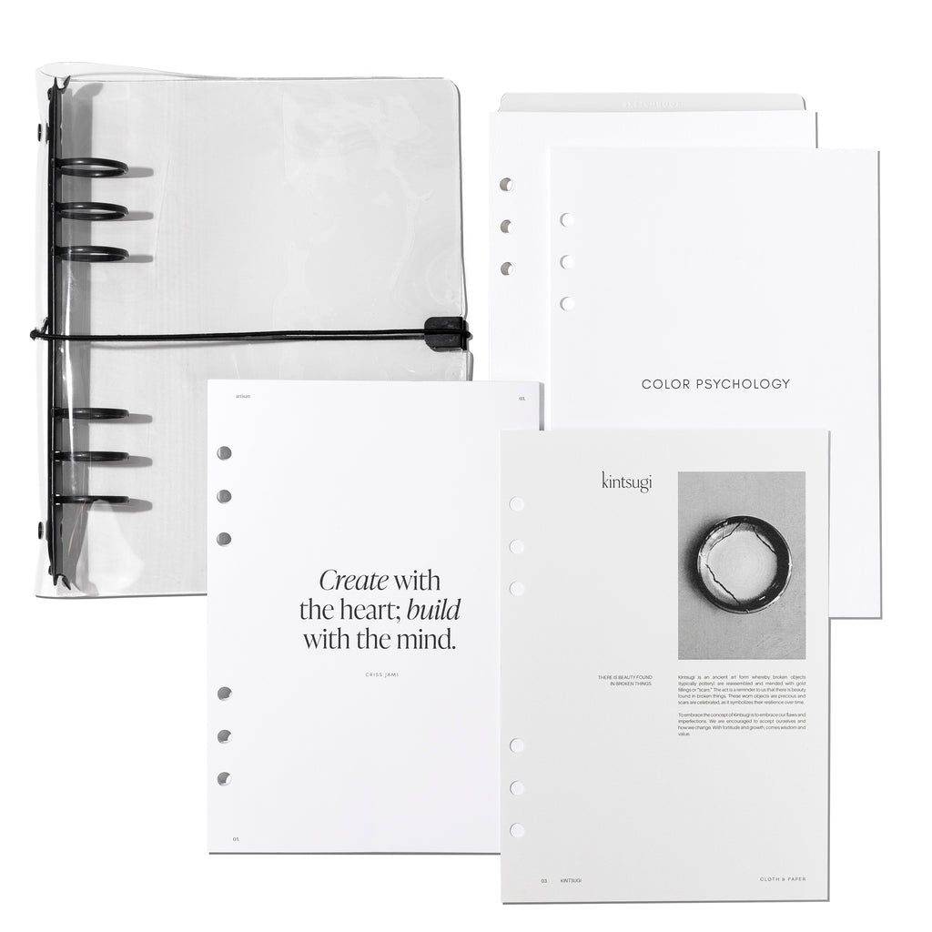 Artistic Planner Bundle, Cloth and Paper. Contents of bundle displayed on a white background - a clear vinyl planner, inserts, and a dashboard.