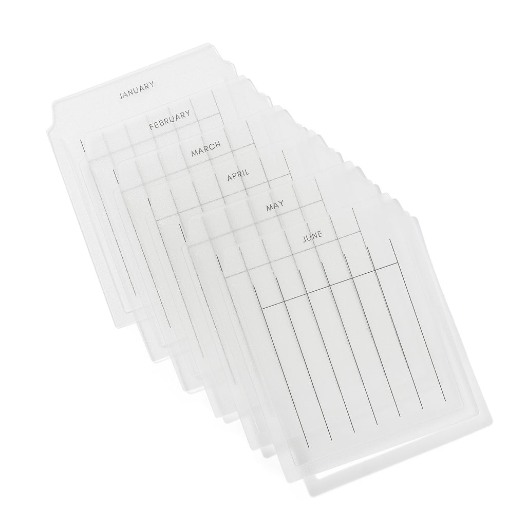 Set of 6 monthly index tabs displayed on a white background. Style is monthly, tabs shown are January through June.