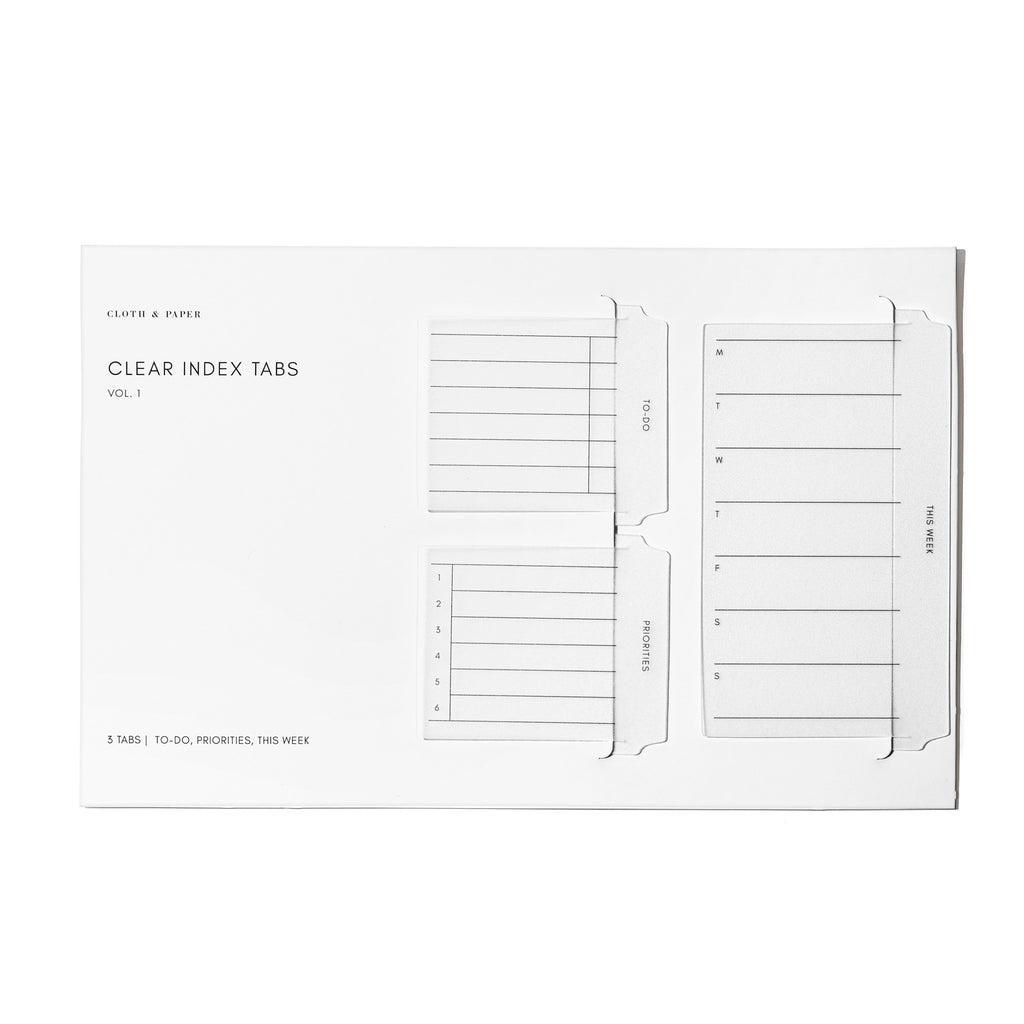 Clear Index Tabs, Volume 1, Cloth and Paper. Index tabs in their packaging on a white background.