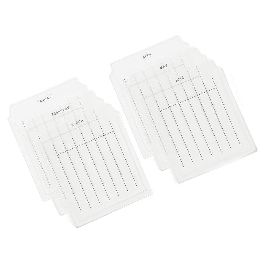 Clear Index Tabs, Monthly, Cloth and Paper. Set of 12 index tabs displayed on a white background.