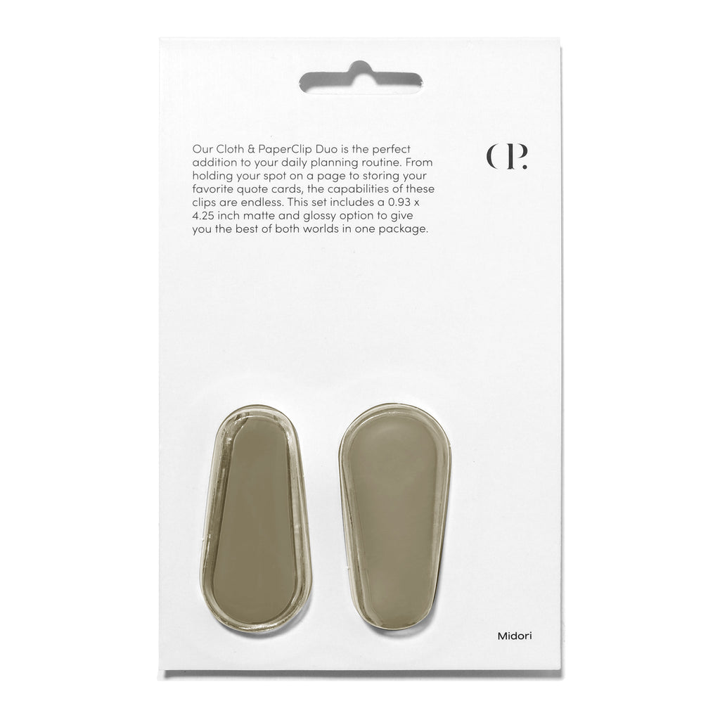 Cloth and Paperclip Duo, Midori, Cloth and Paper. Clips inside their packaging on a white background.