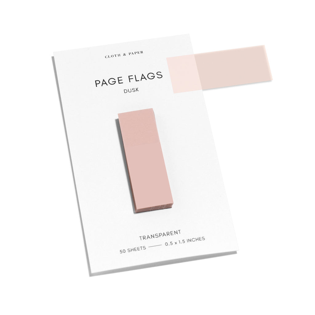 Page flags on their backing with one flag removed and attached to the backing to show its transparency. Color shown is Dusk. 
