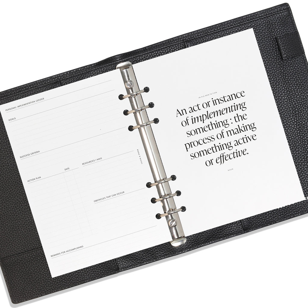 Title page of insert shown inside a black leather agenda. A personal implementation ledger page is shown next to it.