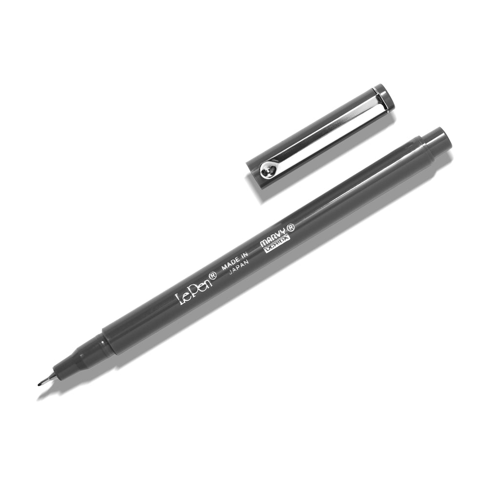 Le Pen, Dark Grey, Cloth and Paper. Pen displayed uncapped on a white background.
