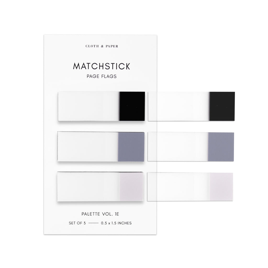 Matchstick Page Flag Set, Palette Vol. 1E, Avant Garde, Fog, and Aspen, Cloth and Paper. Page flags on their backing with one page flag of each color stuck to the right side of the backing