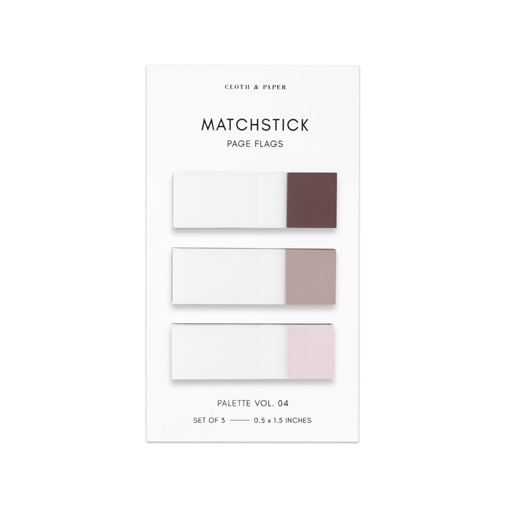 Matchstick Page Flag Set, Palette Vol. 04, Bordeaux, Demure, and Porcelain, Cloth and Paper. Set of page flags on their backing against a white background.