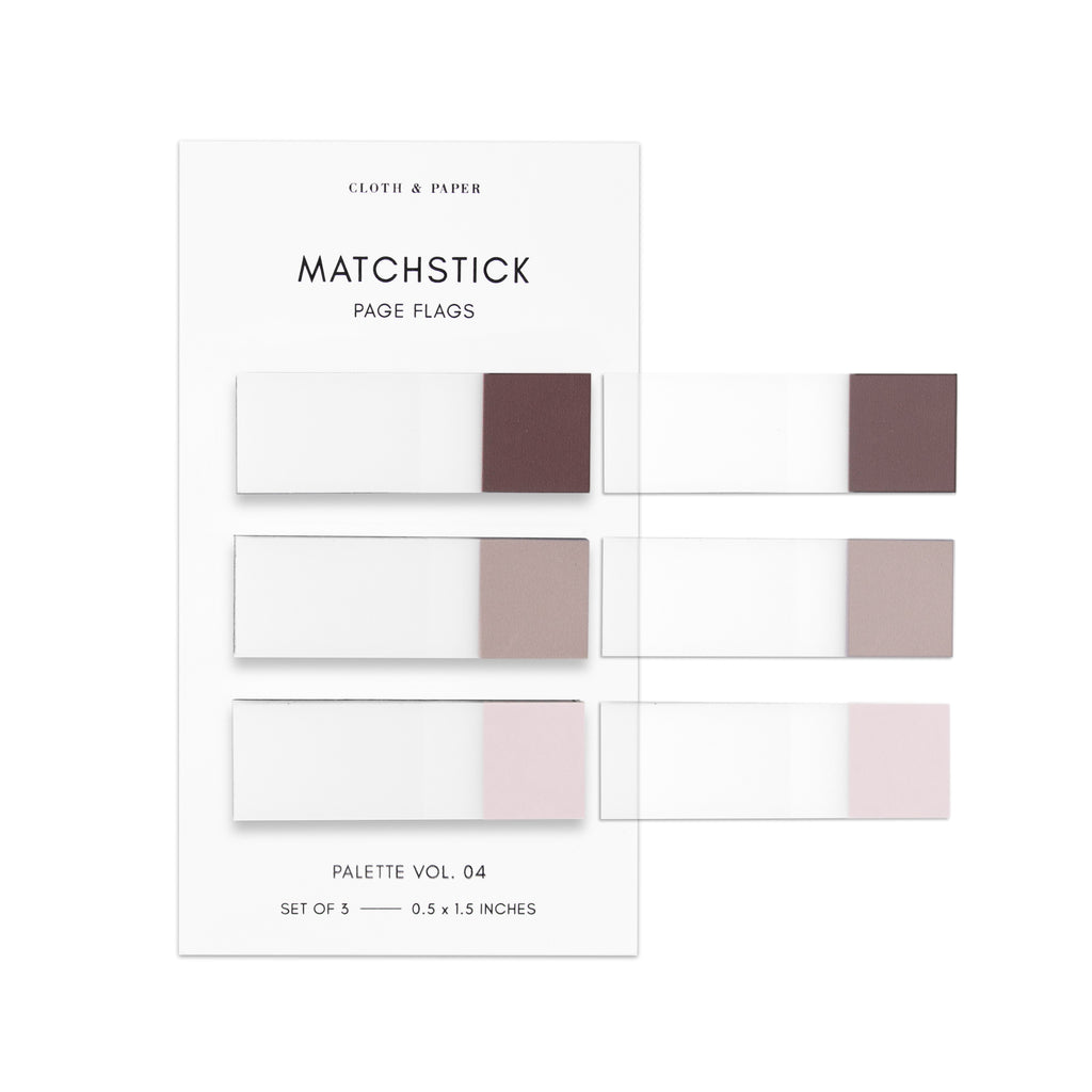 Matchstick Page Flag Set, Palette Vol. 04, Bordeaux, Demure, and Porcelain, Cloth and Paper. Set of page flags on their backing against a white background with samples of each page flag stuck to the backing.