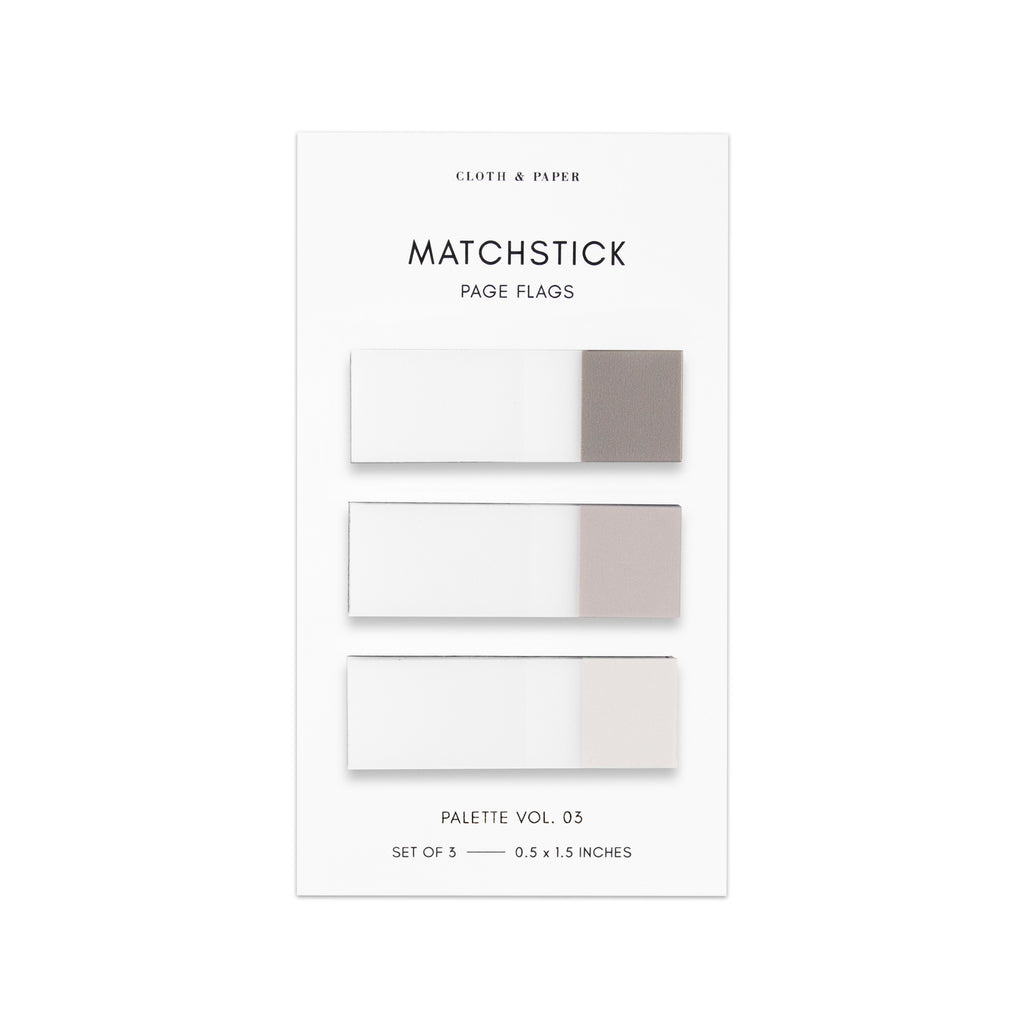 Matchstick Page Flag Set, Palette Vol. 03, Cortado, Au Lait, and Angora, Cloth and Paper. Set of matchstick page flags against a white background.