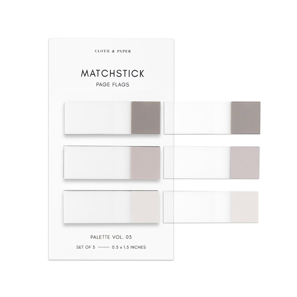 Matchstick Page Flag Set, Palette Vol. 03, Cortado, Au Lait, and Angora, Cloth and Paper. Set of matchstick page flags against a white background with samples of each page flag stuck to the backing.