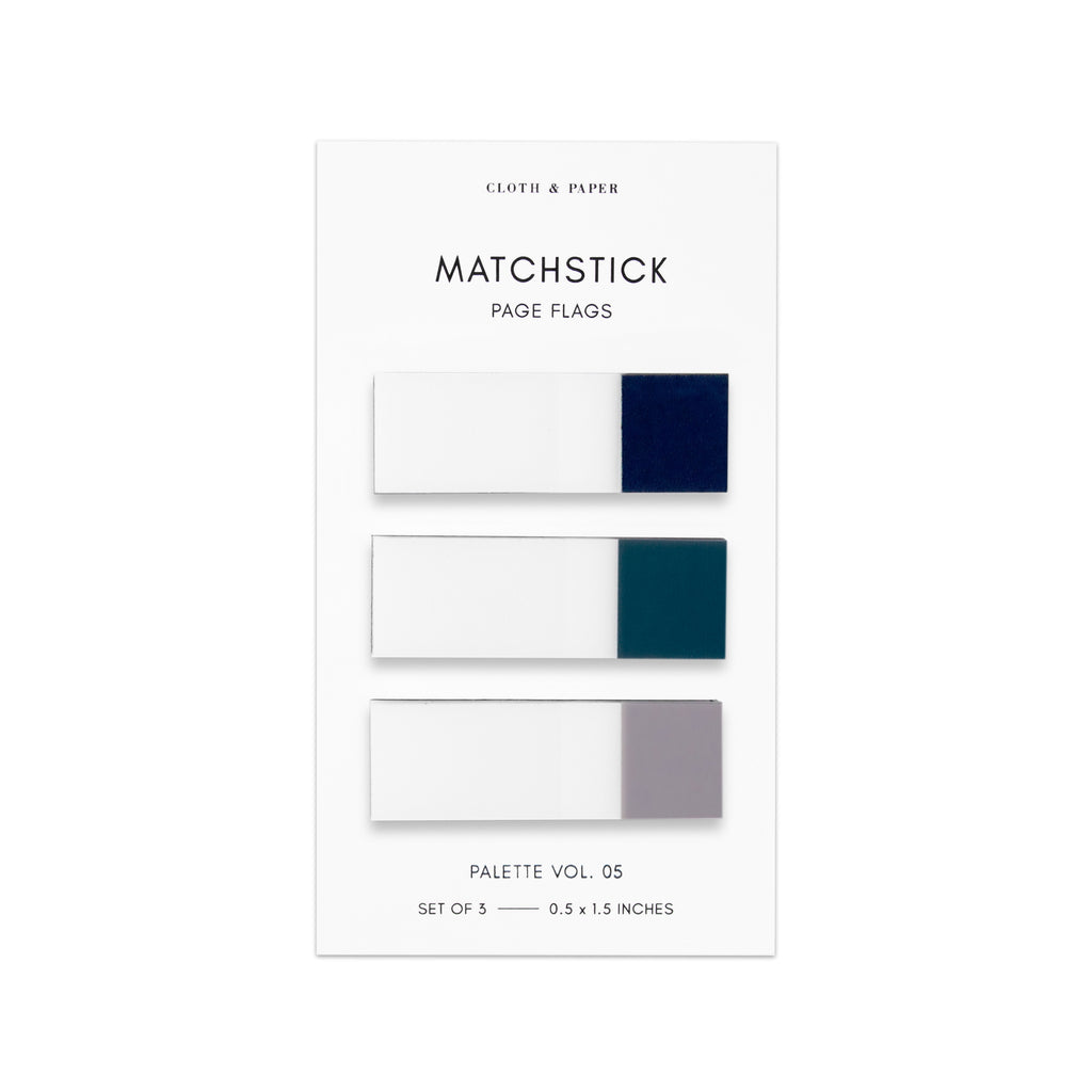 Matchstick Page Flag Set, Palette Vol. 5, Apollo, Juniper, and Verona, Cloth and Paper. Page flags on their backing against a white background.