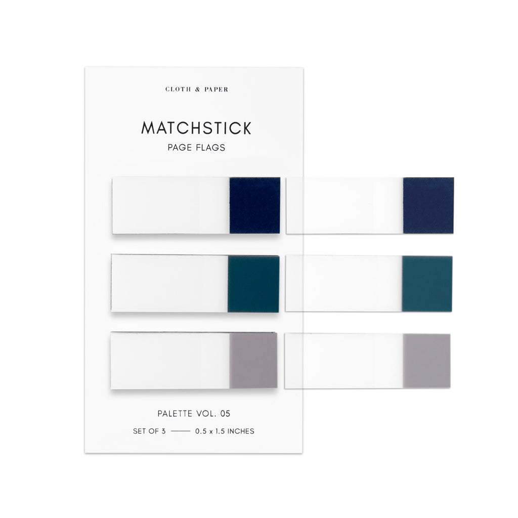 Matchstick Page Flag Set, Palette Vol. 5, Apollo, Juniper, and Verona, Cloth and Paper. Page flags on their backing with sample page flags applied to the right side of the backing.
