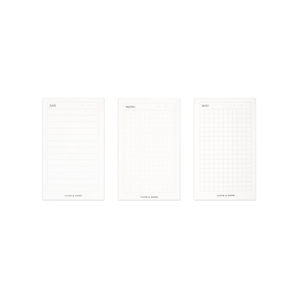 Mini Task, Memo, and Note Notepads displayed alongside each other in a row. The row of notepads is against a white background.