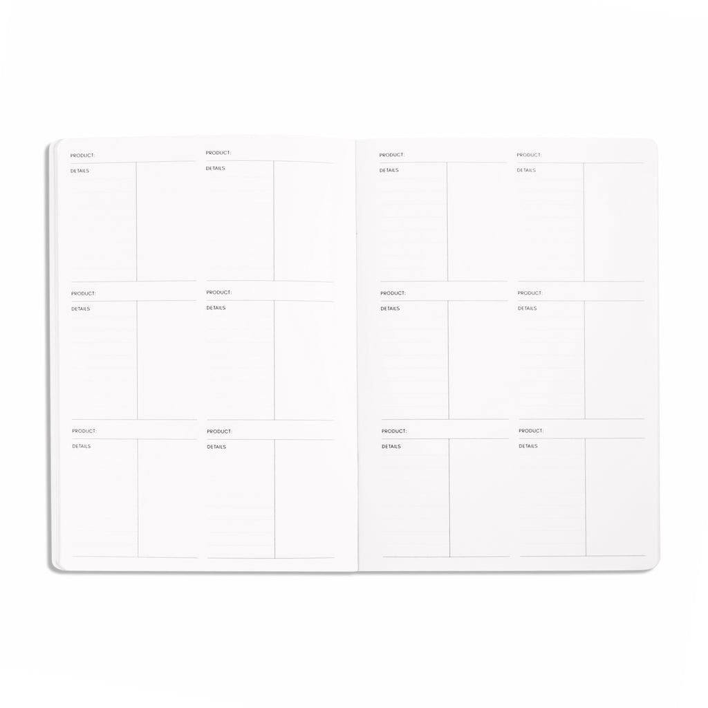 Product Inventory Notebook, A5, Cloth and Paper. Notebook open showing pages inside, against a white background.