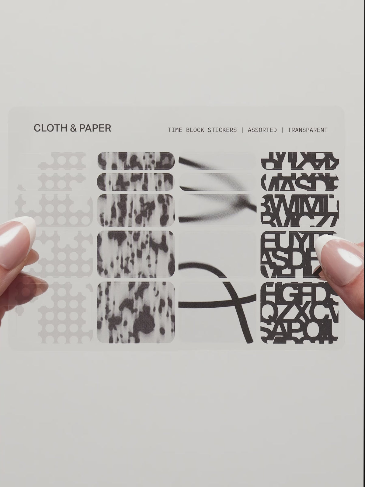 Time Block Stickers sheet with four transparent designs, Punched Holes, Blurred Ink, Blurred Line and Precision letterforms