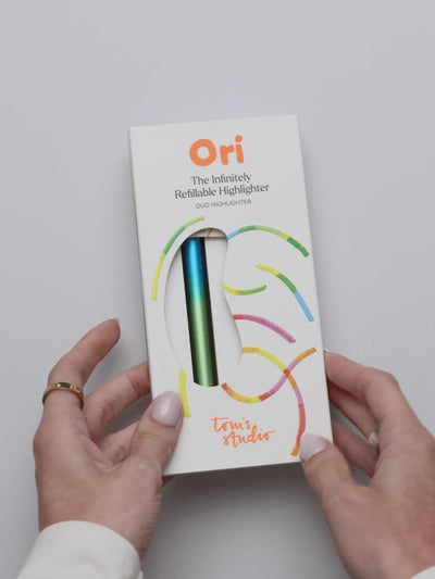 Tom’s Studio refillable highlighters being unboxed, refilled with ink, and used on a notebook