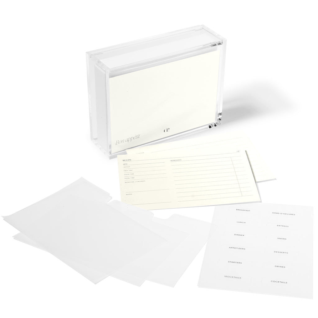 Recipe storage box, two recipe cards, three dividers, and one set of label stickers displayed on a white background.