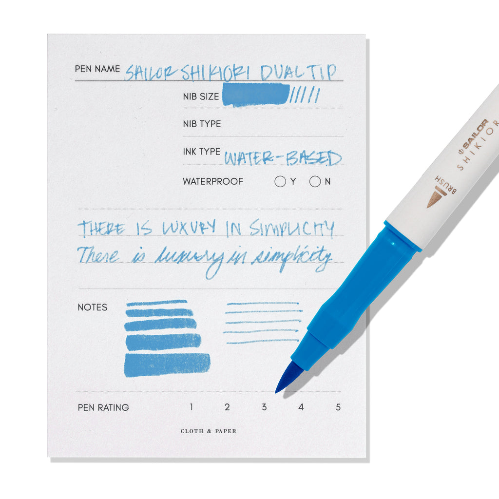Pen displayed next to in use pen test sheet. Color pictured is Souten. 
