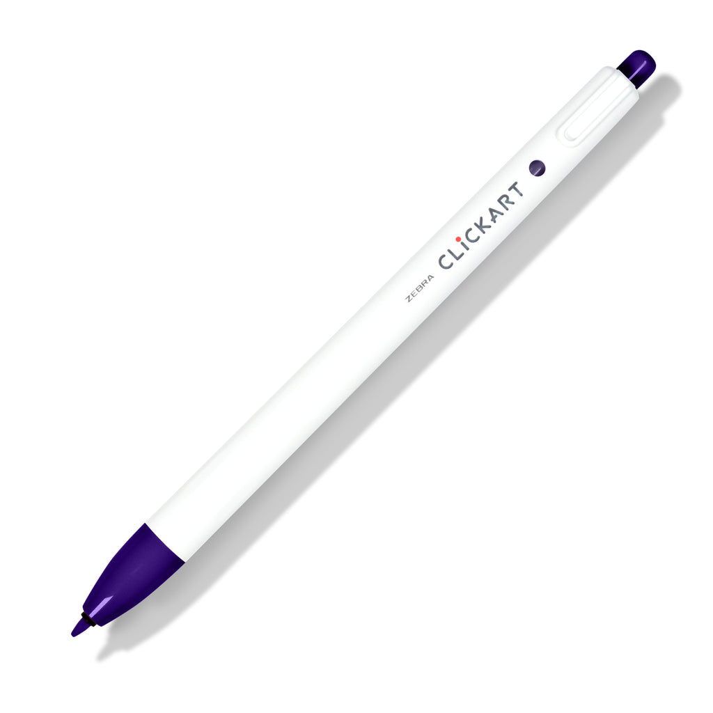 Zebra Clickart Marker in Purple tilted to the right on a white background with its nib exposed.