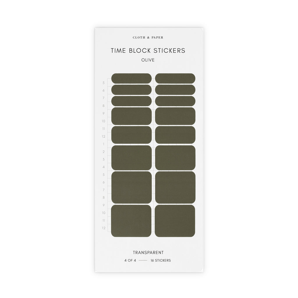 Olive green time block stickers displayed on a white background.